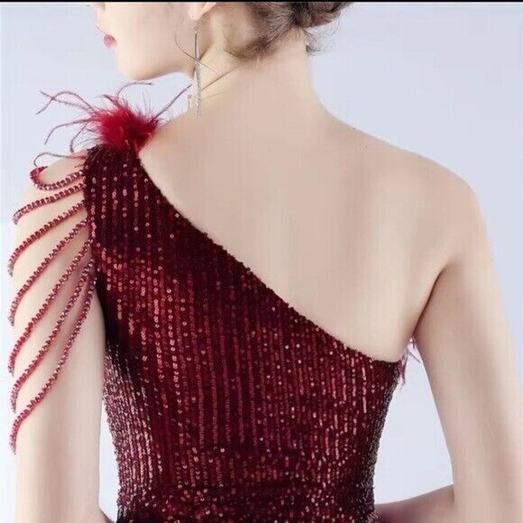 Crimson, One Shoulder Beaded,  Feather Neckline,  Sleeveless,  Sequined Gown - Picture 11 of 14